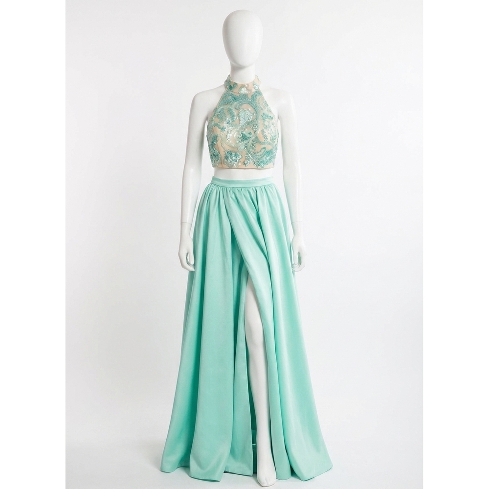 NEW RACHEL ALLAN beaded matte satin two-piece prom dress in mint